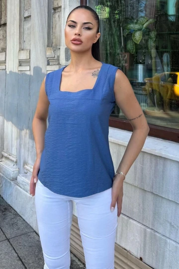 Kadın İndigo Kalın Askılı, Kare Yaka, Salaş Keten Bluz