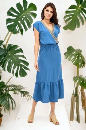 Kadın İndigo Kruvaze Hasır Detaylı Kısa Kollu Regular Kesim Maksi Boy, Uzun Rahat Ve Günlük Elbise
