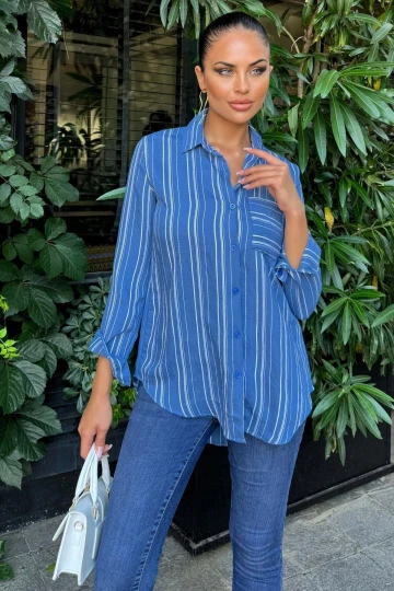 Kadın İndigo Uzun Kol Özel Kumaş Tek Cep Gömlek Dik Çizgili Arkası Uzun Basic Kesim Gömlek