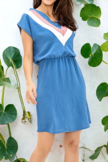 Kadın İndigo V Yaka Bloklu Kısa Kollu Dizüstü Aerobin Elbise Kısa Kol Beli Lastik Detaylı Elbise