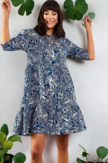 Kadın İndigo Yuvarlak Yaka Truvakar Kol Desenli Kaliteli Kumaş A Kesim Midi Boy Diz üstü Elbise