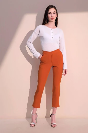 Kadın Kiremit Beli Lastikli Şerit Detaylı Arka Ve Yan Cepli Kalem Pantolon