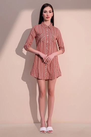 Kadın Kiremit Çift Cepli Çizgili Gömlek Elbise - Uzun Kol Çizgili Desenli Cep Detaylı