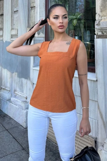 Kadın Kiremit Kalın Askılı, Kare Yaka, Salaş Keten Bluz