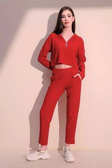 Kadın Kırmızı Modern Tarz Yumuşak Dokulu Beli Lastikli Cepli Pantolon