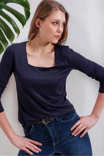 Kadın Lacivert Günlük Stil Basic Kare Yaka Uzun Kol Bluz