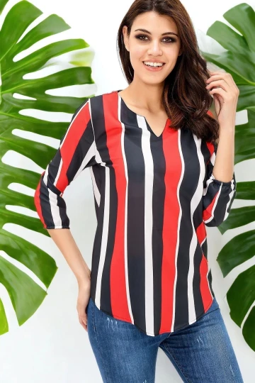 Kadın Lacivert & Kırmızı Yakası Yırtmaçlı Çizgili Krep Bluz Truvakar Kol Kaliteli Dokulu Kumaş