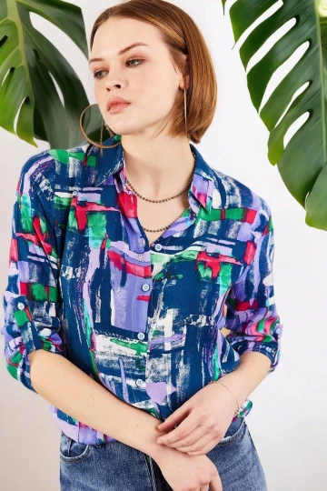 Kadın Lacivert Klasik Yaka, Uzun Kol, Desenli, Regular Kesim, Standart Boy Gömlek.