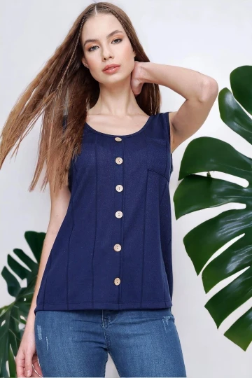 Kadın Lacivert Sıfır Kol detaylı Regular Kesim Standart Boy Askılı Düğmeli İnce Örme Triko Bluz