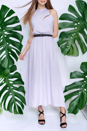 Kadın Lila Halter Yaka Sıfır Kol Kemer Detaylı Regular Kesim Maksi Boy, Uzun Rahat Ve Günlük Elbise