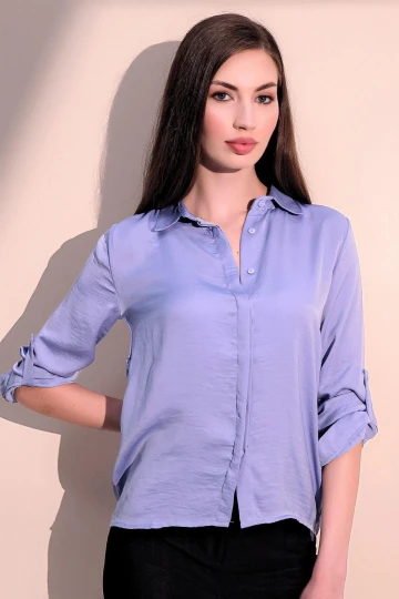 Kadın Lila Yeni Tarz Gizli Düğmeli Saten Gömlek