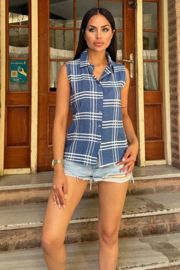 Kadın Mavi Ekose Desen, Dokulu Kumaş, Kolsuz Rahat Gömlek