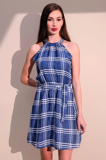 Kadın Mavi Şık Ekose Desen Kendinden Kemerli Halter Yaka Kolsuz Yazlık MidiElbise