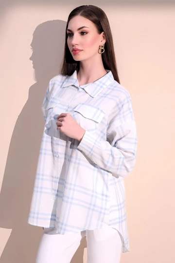 Kadın Mavi Uzun Kol Şık Salaş Ekose Çift Cep Gömlek