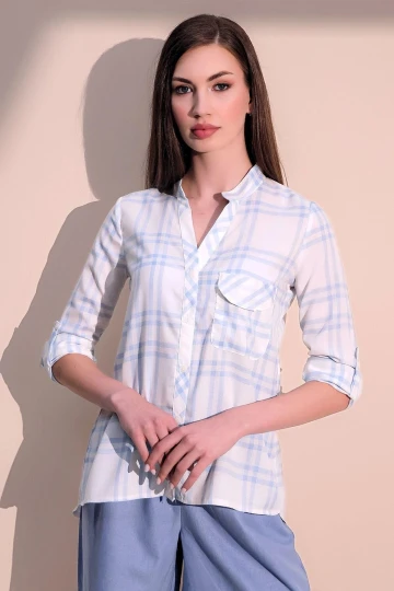 Kadın Mavi Uzun Kol Yeni Moda Ekose Desenli Tek Cep Hakim Yaka Gömlek