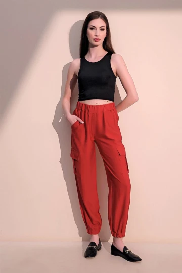 Kadın Mercan Keten Kaliteli Kumaş, Yan Cepli, Paçası Lastikli Safari Pantolon