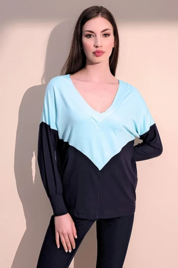 Kadın Mint V Yaka Color Block Basic Salaş - Rahat Penye Bluz