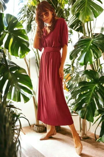 Kadın Mürdüm V Yaka Kısa Kol Kemerli Yumuşak Dokulu Maksi Boy, Uzun Rahat Ve Günlük Elbise