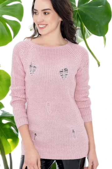 Kadın Pudra Yuvarlak Yaka Uzun Kol Basic, Yırtık Detaylı Regular Kesim Standart Boy Triko