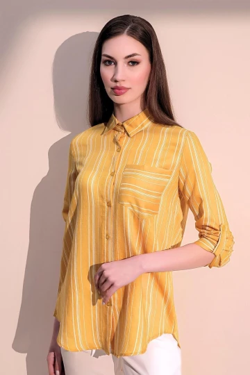 Kadın Sarı Uzun Kol Özel Kumaş Tek Cep Gömlek Dik Çizgili Arkası Uzun Basic Kesim Gömlek