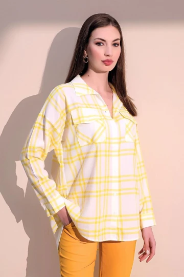 Kadın Sarı Uzun Kol Şık Salaş Ekose Çift Cep Gömlek