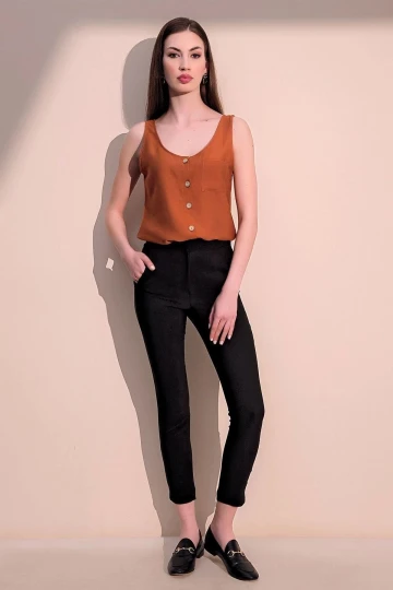 Kadın Siyah Beli Lastikli Şerit Detaylı Arka Ve Yan Cepli Kalem Pantolon