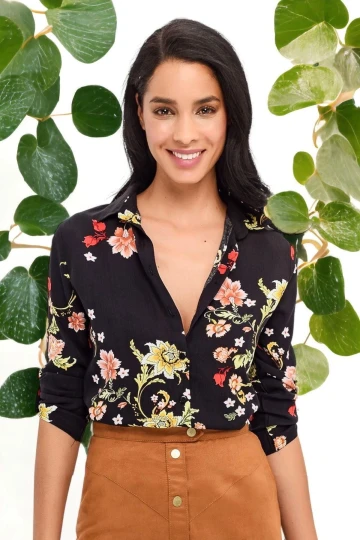 Kadın Siyah Çiçek Desenli Klasik Yaka Uzun Kol Regular Kesim Standart Boy Gömlek