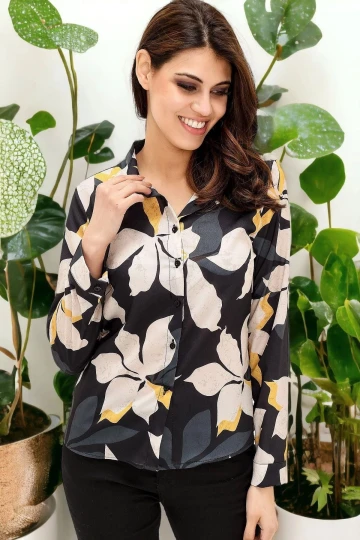 Kadın Siyah Çiçek Desenli Polyester Gömlek - Uzun Kol, Düz Kesim, Standart Boy