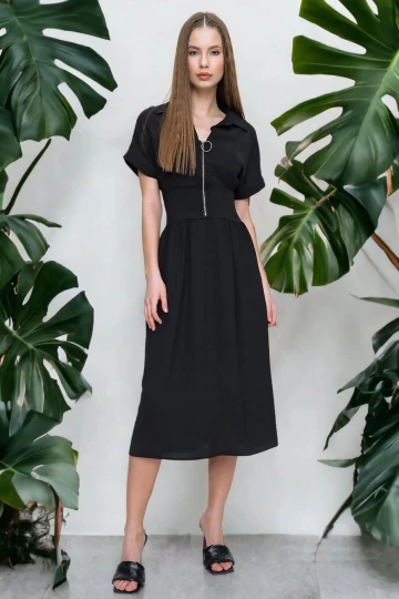 Kadın Siyah Fermuarlı Beli Büzgülü Airobin Polo Yaka Elbise Maksi Boy Uzun Rahat Ve Günlük