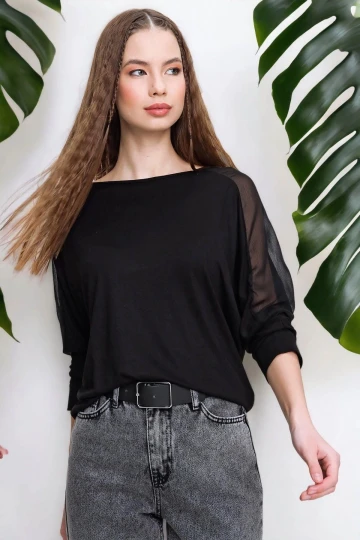 Kadın Siyah Garnili Tül Dantel Detaylı Uzun Kol Bluz (DÜZ KESİM, STANDART BOY)