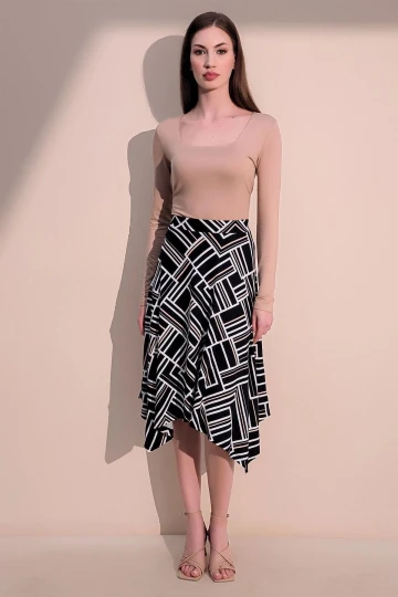 Kadın Siyah Günlük Stil Desenli Asimetrik Kesim Kısa Boy Etek