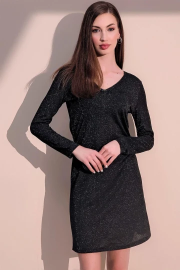 Kadın Siyah Günlük Stil Simli V Yaka Elbise