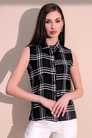 Kadın Siyah Kaliteli Üretim Kare Desen Ekose Kolsuz Gömlek
