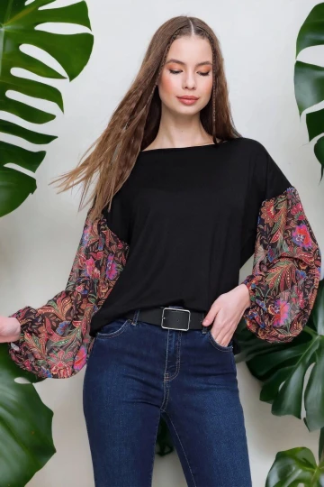 Kadın Siyah Kaşmir Desenli Şifon Kollu Bluz Uzun Şifon Transparan Kollu Bluz Regular Kesim