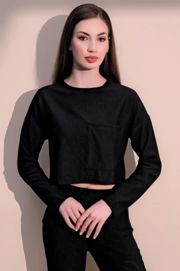 Kadın Siyah Kendinden Dokulu Cepli Crop Sweatshirt, Salaş Kesim