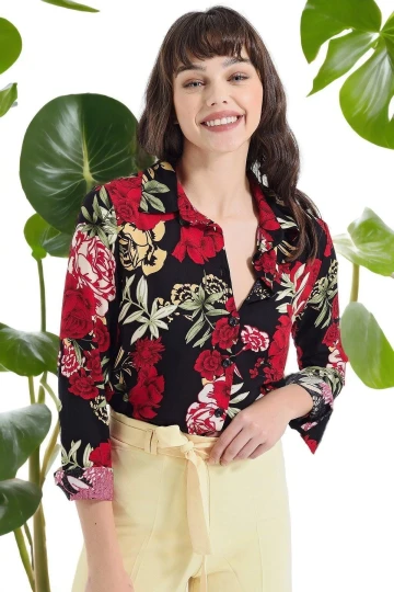 Kadın Siyah & Kırmızı Modern Tarz Çiçek Desenli Uzun Kollu Gömlek