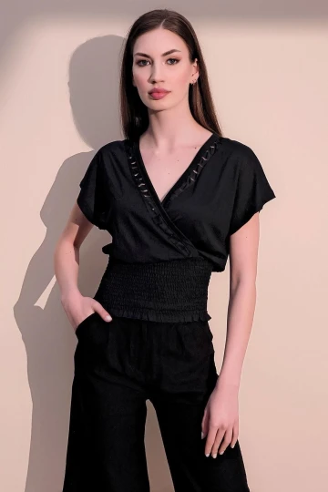 Kadın Siyah Kısa Kol Yeni Moda Gipeli Kruvaze Lazer Kesim Detaylı Yaka Kısa Crop Bluz