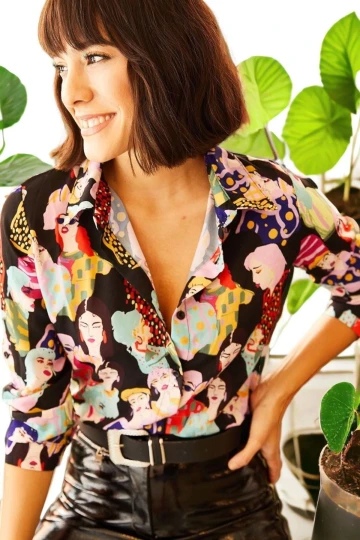 Kadın Siyah Klasik Yaka Desenli Gömlek Uzun Kol desenli Regular Kesim Standart Boy Gömlek