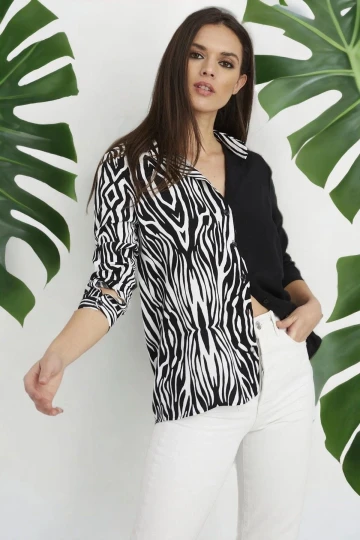 Kadın Siyah Klasik Yaka İki Renkli Zebra Desenli Uzun Kol Gömlek (Regular Kesim, Standart Boy)