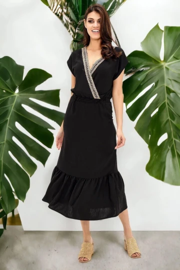 Kadın Siyah Kruvaze Hasır Detaylı Kısa Kollu Regular Kesim Maksi Boy, Uzun Rahat Ve Günlük Elbise