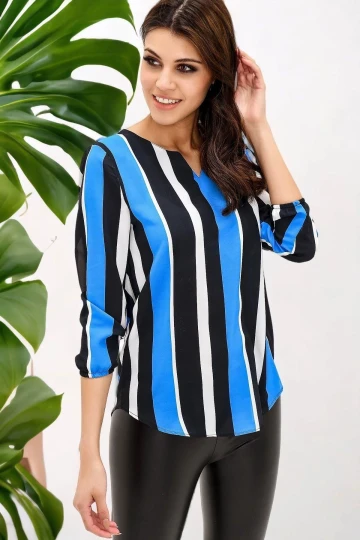 Kadın Siyah & Mavi Yakası Yırtmaçlı Çizgili Krep Bluz Truvakar Kol Kaliteli Dokulu Kumaş