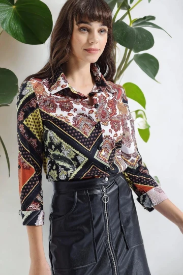 Kadın Siyah Modern Tarz Desenli Uzun Kollu Gömlek