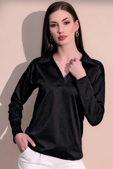 Kadın Siyah Modern Tarz Kendinden Dokulu Polo Yaka Bluz Sweatshirt