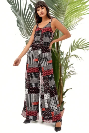 Kadın Siyah Patchwork Desenli Askılı Maksi Boy, Uzun Rahat Ve Günlük Tulum