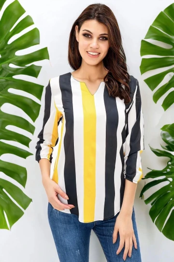 Kadın Siyah & Sarı Yakası Yırtmaçlı Çizgili Krep Bluz Truvakar Kol Kaliteli Dokulu Kumaş