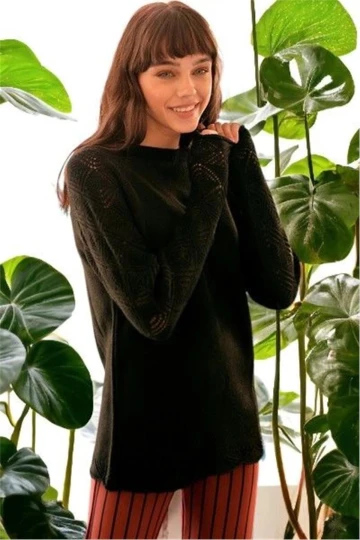 Kadın Siyah Uzun Kol Detaylı Yumuşak Dokulu Triko Düz Kesim Standart Boy Bluz Kazak