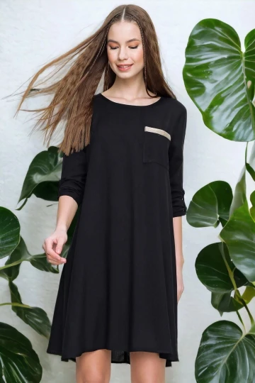 Kadın Siyah Uzun Kol Hasır Detaylı A Kesim Airobin Oversize Elbise