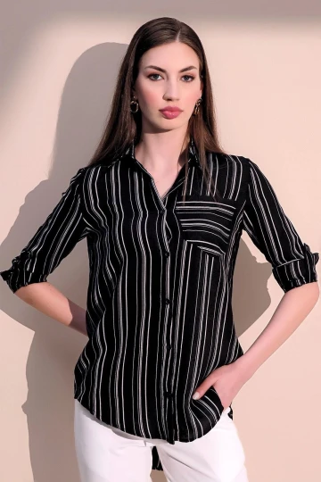 Kadın Siyah Uzun Kol Özel Kumaş Tek Cep Gömlek Dik Çizgili Arkası Uzun Basic Kesim Gömlek