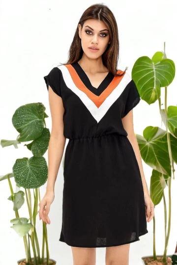 Kadın Siyah V Yaka Bloklu Kısa Kollu Dizüstü Aerobin Elbise Kısa Kol Beli Lastik Detaylı Elbise