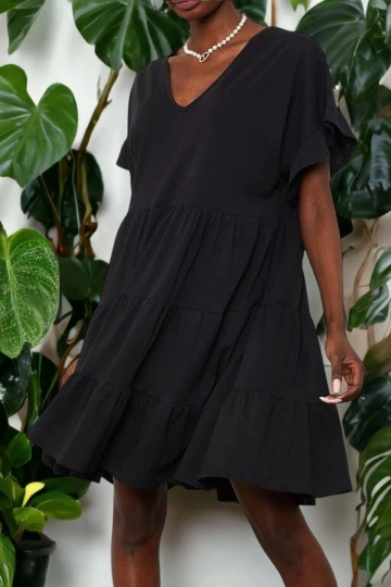 Kadın Siyah V Yaka Yarım Kol Kırım Detaylı Kaliteli Kumaş A Kesim Midi Boy Diz üstü Elbise